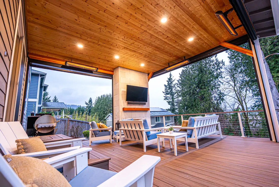 Cedar deck with dining set and umbrella